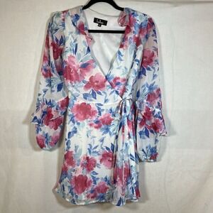 Lulus Floral Wrap Dress Women Pink Blue Sheer Long Sleeve Mini‎ small